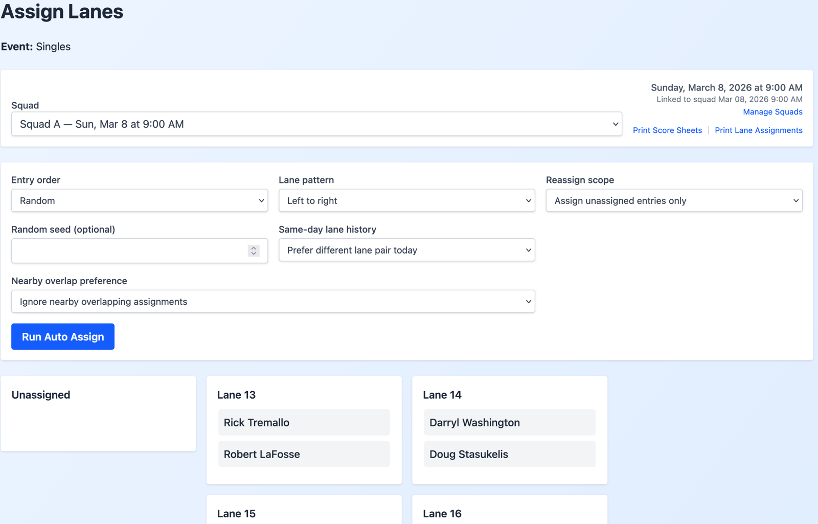 Lane assignment tools showing lane options and assignment controls