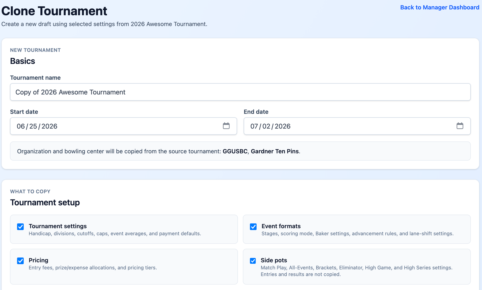 Clone Tournament page showing options for copying setup from a previous tournament