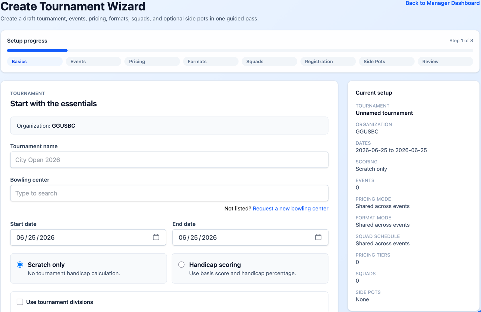 Create Tournament Wizard showing event setup steps