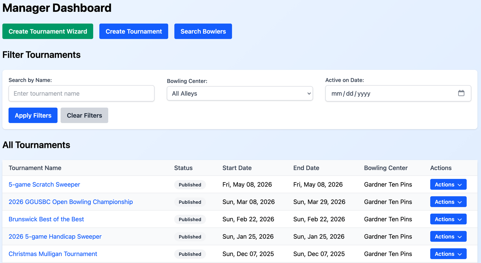 BowlBoard management dashboard showing tournament actions and organization tools