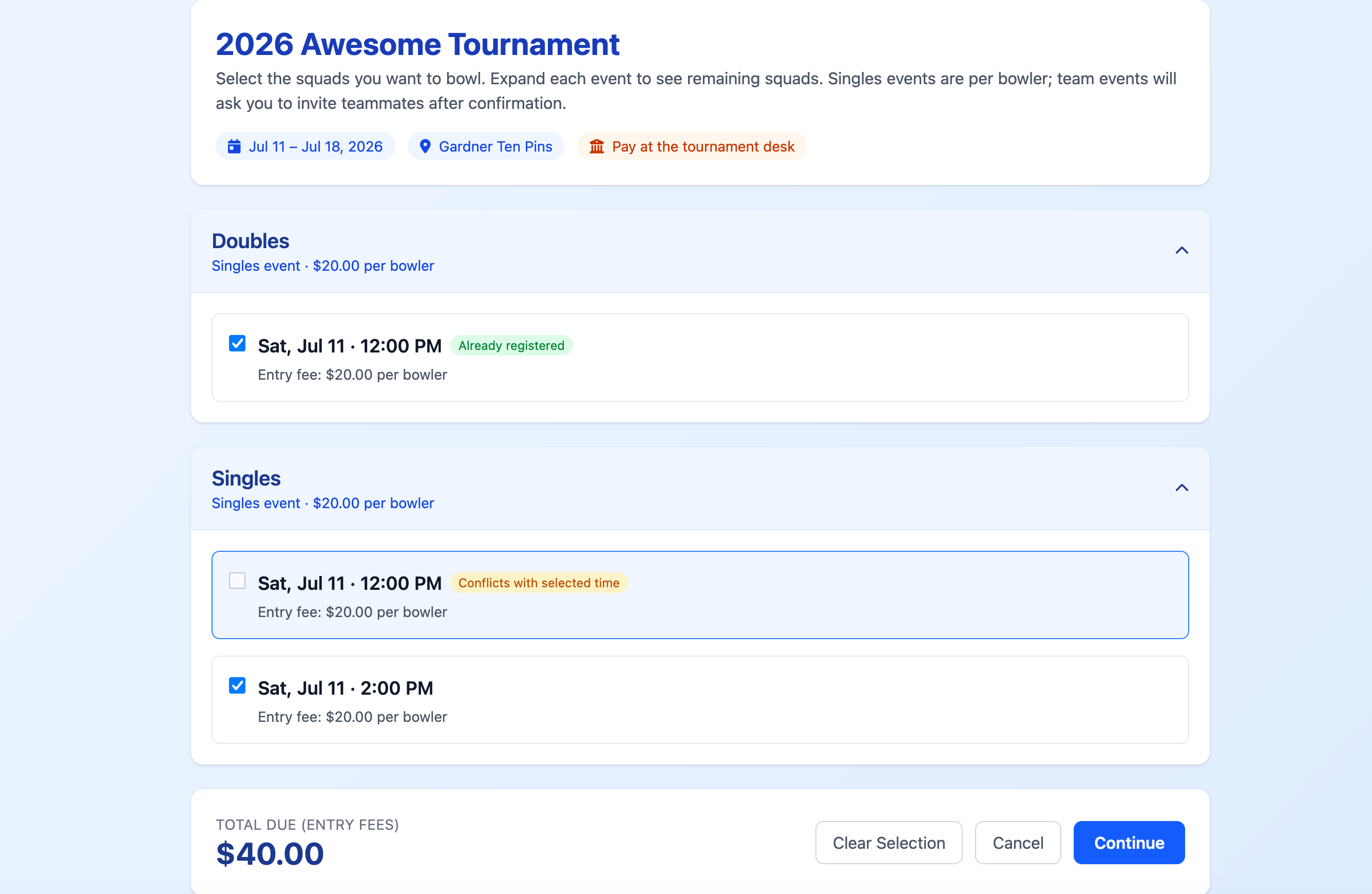 Public bowler self-registration form for choosing squads and registration details
