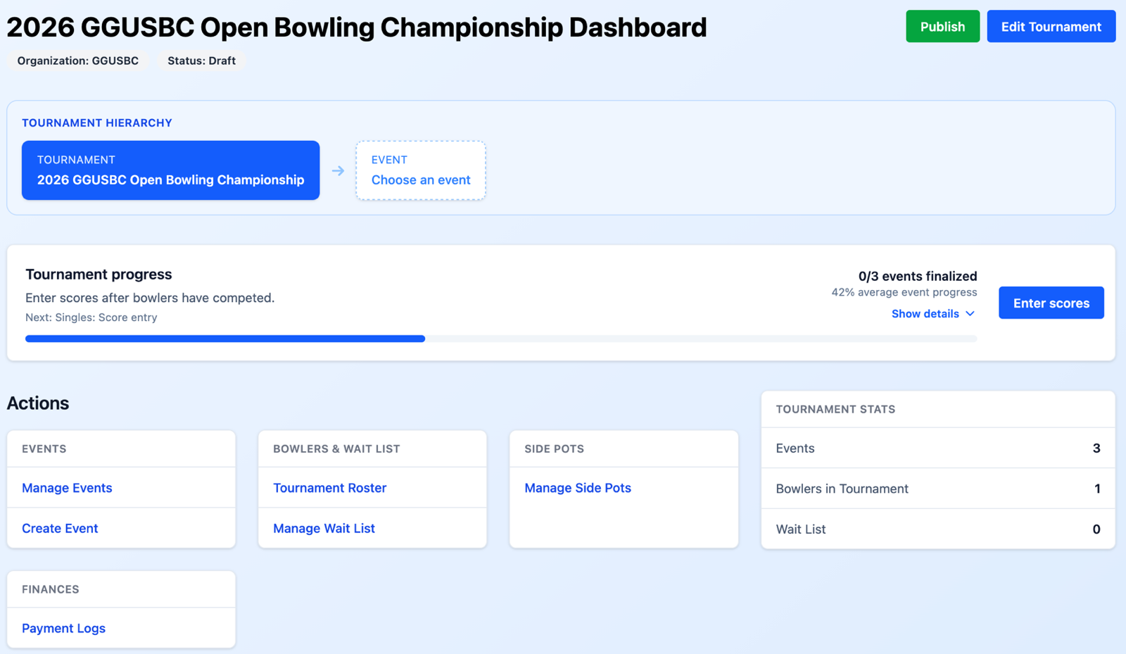 Tournament Dashboard showing tournament status, setup progress, and management links