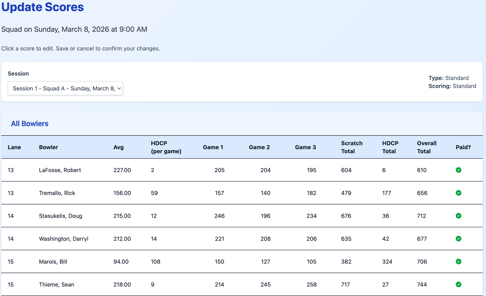 Score entry page for updating tournament scores